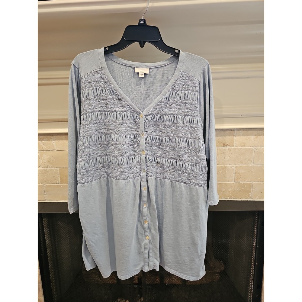 J Jill Button Up Blouse  Blue Smocked  Pattern 3/4 Sleeves 2XL